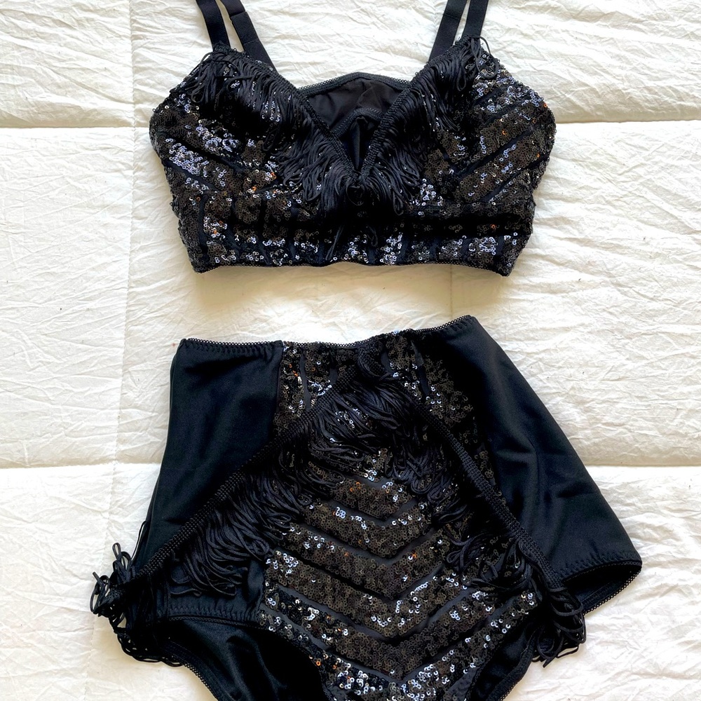 Black sequin/mesh high waisted underpant + bralette w/ fringe